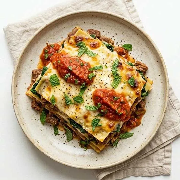 Florentine beef lasagna with minted tomato sauce